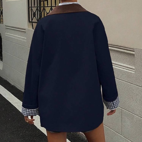 Oversized button up jacket contrast corduroy collar plaid cuffs navy blue - Picture 2 of 5